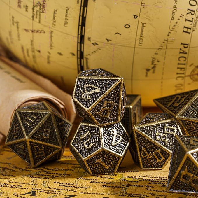 UDIXI Metal Dice Maze Carved DND Dice Set D&D 7PCS Bronze Role Playing Dice with Leather Pouch for Dungeons and Dragons Tabletop Dice Games