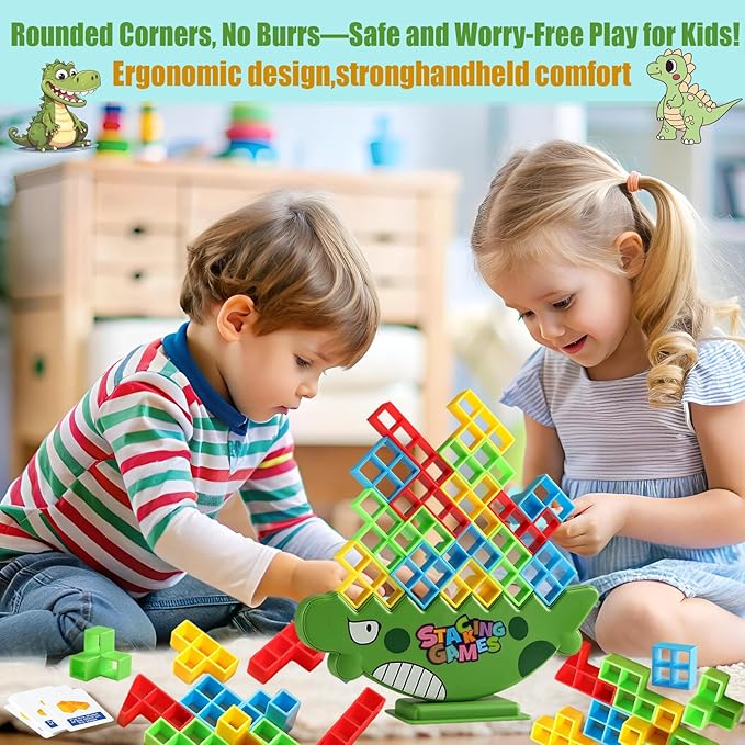 48PCS Dinosaur Balance Stacking Blocks with Travel Case | Montessori Fine Motor Skill Toys for Kids 3+ | Educational STEM Building Game for Focus & Coordination