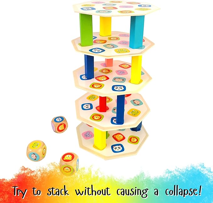Stacking Tower Game - Dice & Stacking Cards Animal Edition - Mini Colorful Blocks - Multiple Ways to Play Family Game Night - Games for Kids and Adults