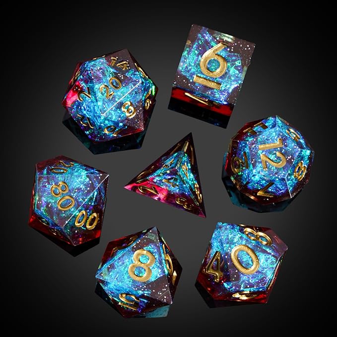 7PCS DND Dice Set,Handmade Sharp Edge Dice Set D&D RPG Polyhedral Die,for Dungeons and Dragons TTRPG Games Roleplaying Games Pathfinder,with Gift Box(Blue with Red)