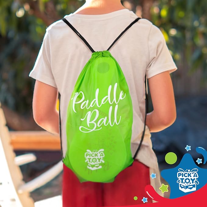 PICK A TOY Wooden Paddle Ball with String (Set of 2) with Green Carry Bag - Indoor Outdoor Toy: Kids Fun and Classic Paddleball Game for Boys and Girls, Party Favor Toys Ages 4+