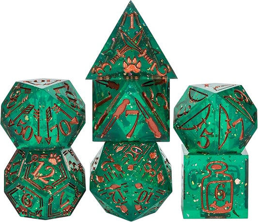 Cusdie 7-Die Sharp Edges DND Dice Set, Ranger Pattern Polyhedral D&D Dice Set for DND Dungeons and Dragons TTRPG Role Playing Games(Green w/Rose Gold Ranger Pattern)