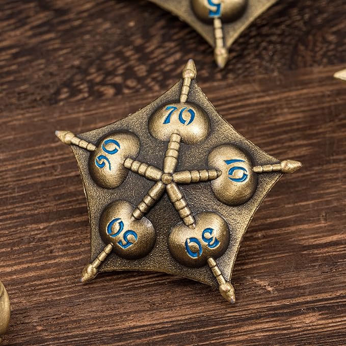 UDIXI Dragon Metal Dice Set D&D, 7-die Polyhedral Dice Set with Unique Shape for DND Dungeons and Dragons Role Playing Games(Bronze with Blue Number)