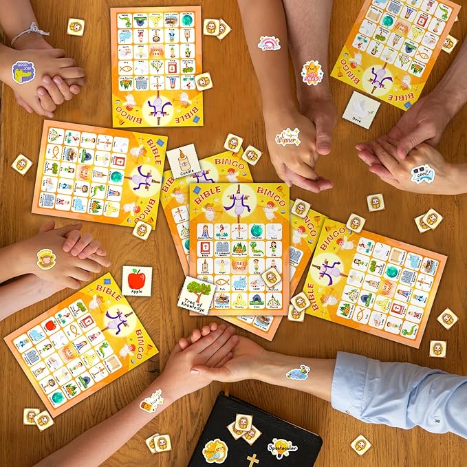 24 Players Bible Bingo Cards, Christian Bingo Game for Kids with Punny Stickers Jesus Religious Christian Game for Church Sunday Family Activities