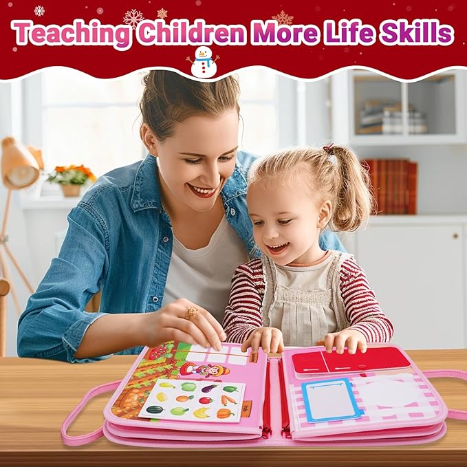 Montessori Busy Board, Baby Busy Book Educational Learning Toys for Toddlers Quiet Book Activity Books Buckle Toy Fine Motor Skills Toys for 1 2 3 4 5 Year Old Kids (Pink)