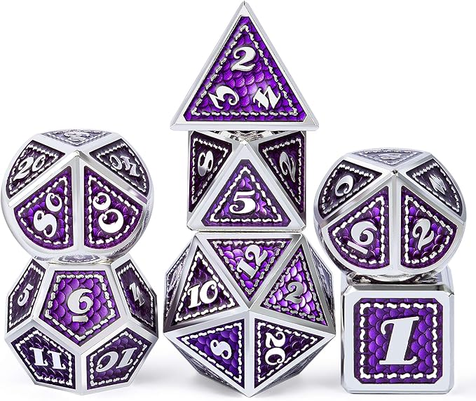 DNDND Metal Dice Set, 7 Pieces Polyhedral Dragon Scale Metallic Die with Gift Metal Case for Dungeons & Dragons D&D (Purple with Silver Edge)