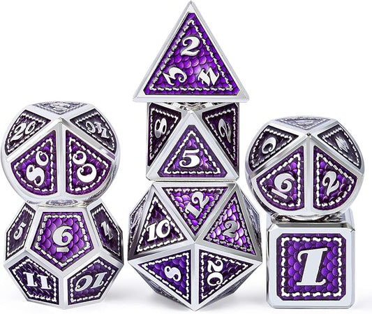 DNDND Metal Dice Set, 7 Pieces Polyhedral Dragon Scale Metallic Die with Gift Metal Case for Dungeons & Dragons D&D (Purple with Silver Edge)