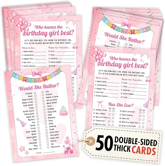 Who Knows The Birthday Girl Best Game - 50 Pcs Teen Girl Birthday Party Games, Would She Rather Preppy Sleepover Party Supplies For Girls, Fun Birthday Activities For Teens Party Decorations