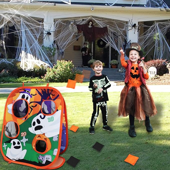 Halloween Party Games for Kids Adults Halloween Bean Bag Toss Game Ghost Double-Sided Board Cornhole 4 Score Holes Halloween Decorations Party Favors Yard Outdoor Indoor Toys Spooky Game (6 Bean Bags)