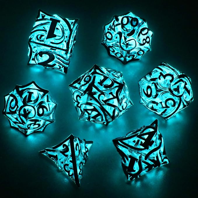 Glow in The Dark DND Dice Metal for Dungeons and Dragon 7 Polyhedral Dice Set Hollow Metal Vine D&D RPG Dice for Role Playing Game (Vine Glow Blue)