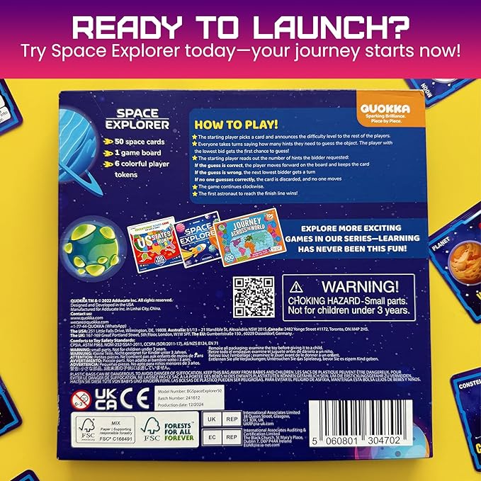 QUOKKA Space Board Game for Kids Ages 8-12 and Families – Fun Space Trivia Cards, Colorful Tokens & Playing Board – Learn Planets & Universe Facts – Educational Family Game for 2-6 Players