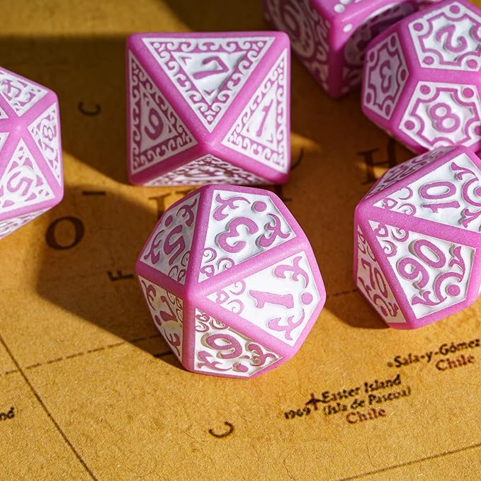 7-Die DND Dice Set New Pattern Polyhedral Dice Set with Leather Bag D&D Dice Set for Dungeons and Dragons RPG MTG Table Games(Pink White)
