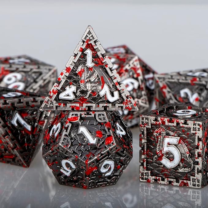 ARUOHHA Metal DND Dice Set with Gift Box, Dragon Design Blood Polyhedral Dice Role Playing Game Handmade D and D Dice Set D20 D12 D10 D8 D6 D4