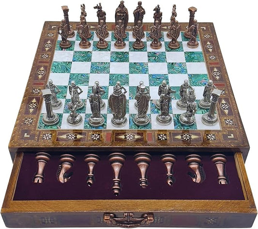 15’’ Handmade Chess Set with British Army Metal Chess Pieces, Luxury Storage Chess Board, for All Ages, Ideal for Father, (Green)