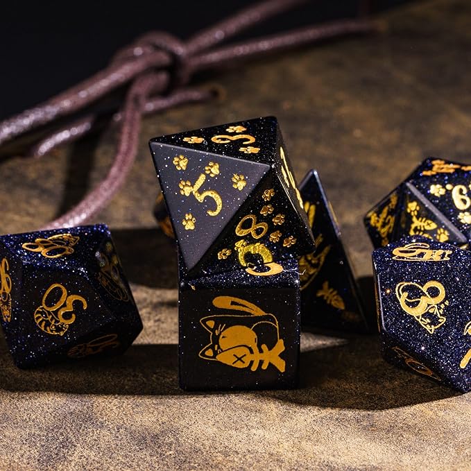 UDIXI Gemstone DND Dice Set Blue Sandstone Dice with Cute Cat Pattern, Stone Dice for Dungeons and Dragons Tabletop Game