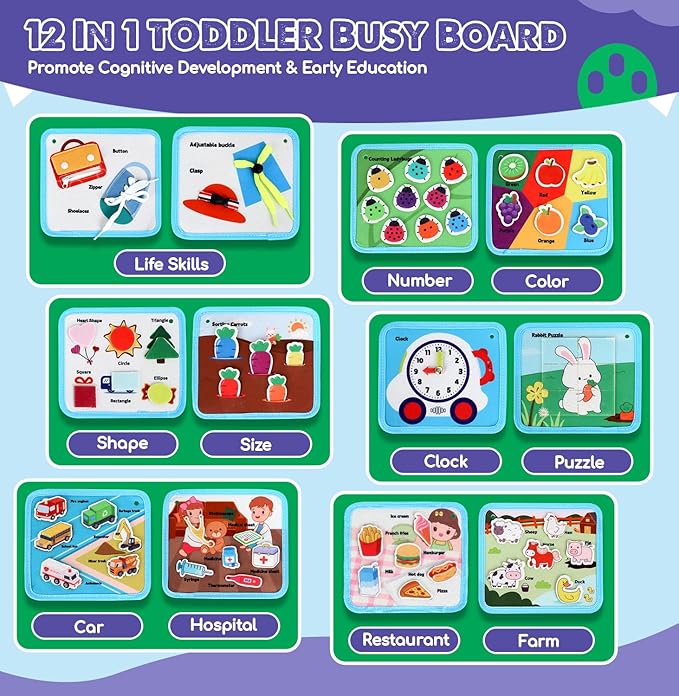 Lehoo Castle Montessori Busy Board for Toddlers 2-4, Busy Book for Toddlers 1-3, Activity Books for Airplane Car, Toys for 2 Year Old Boy Gift, Sensory Travel Toys, Preschool Busy Book (Dino)