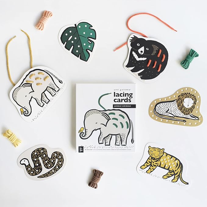 Wee Gallery Jungle Animals Lacing Cards for Toddlers, Sewing Board, Preschool Toys, Montessori Learning Activity for Kids, Learn Motor Skills, Colors, Travel Game, with Soy Inks (Ages 3 4 5 Years +)