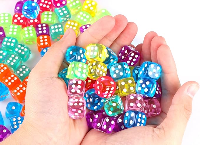 100 Pcs 6-Sided Games Dice Set, Translucent Colors Dices 14 mm Round Corner Dice for Playing Games, Acrylic Bulk Dice for Board Games, Dice Games, Party Favors Gifts