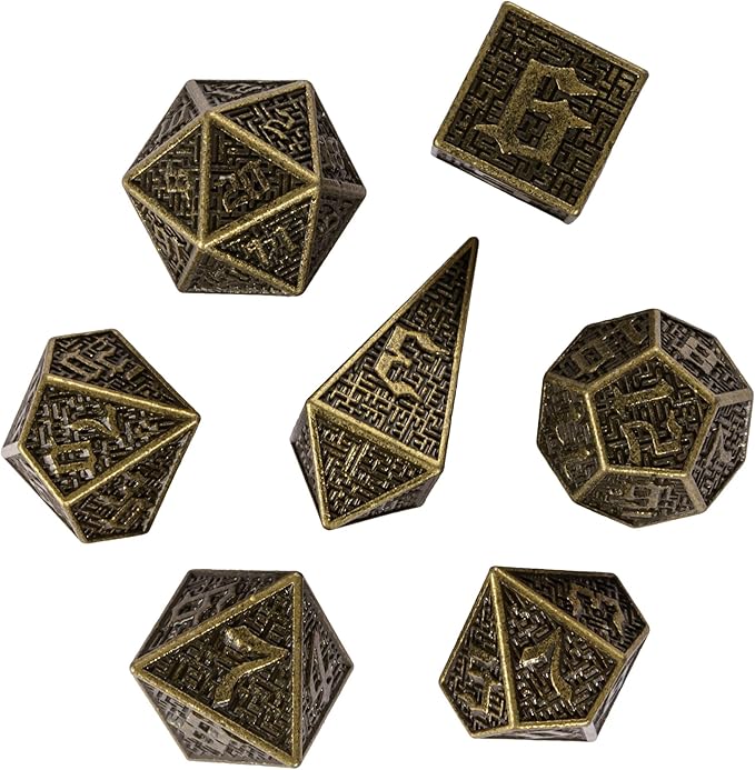 UDIXI Metal Dice Maze Carved DND Dice Set D&D 7PCS Bronze Role Playing Dice with Leather Pouch for Dungeons and Dragons Tabletop Dice Games