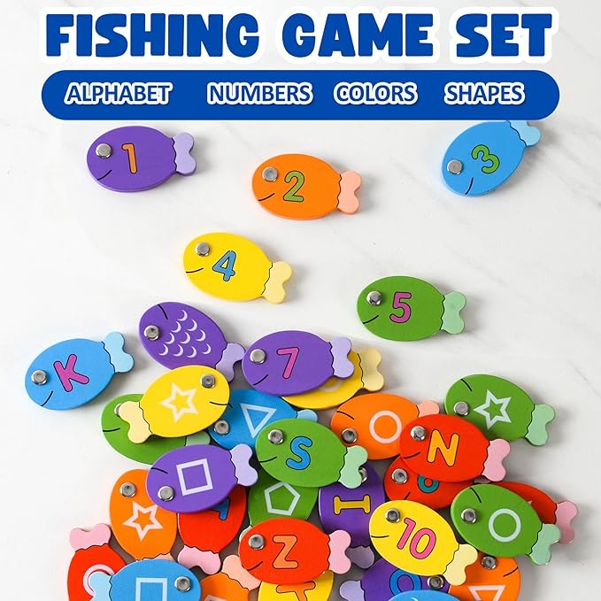 Magnetic Wooden Fishing Game – Interactive ABC Alphabet, Numbers, Shapes & Colors 4-in-1 Learning Board | Montessori Educational Toy for Kids | Complete Set with 36 Fish, 2 Poles & Wooden Board