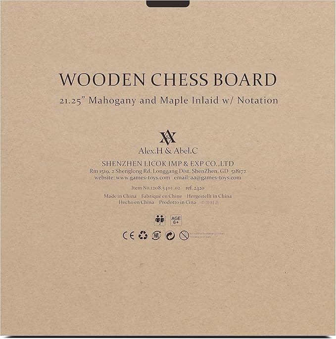 A&A 21.25" Professional Wooden Tournament Chess Board/Mahogany & Maple Inlaid / 2.25" Squares w/Notation