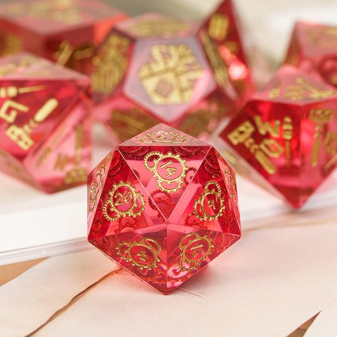 Cusdie Sharp Edges DND Dice, 7 PCs D&D Dice, Handcrafted Polyhedral Dice Set, for Role Playing Game Pathfinder (Red/Roman Numerals)