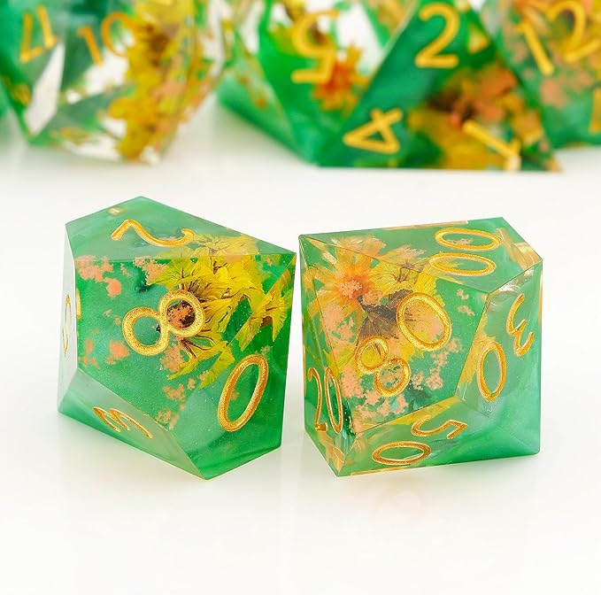 Haxtec DND Dice Set Sharp Edge Resin Dice Set with Dice Case, Flower D and D Dice, Polyhedral D&D Dice Set for Dungeons and Dragons TTRPGs DND Gift, Green