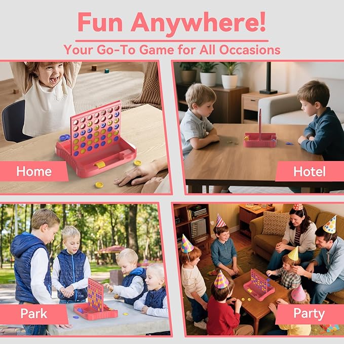 Pup Go 4 in a Row Game, Connect & Win Four in a Row Board Game, Portable 2-Player Strategy Games for Travel, Gift for Girl Age 3 4 5 6 7 8-12, Family Games Foldable Design with 6 Spare Discs Pink