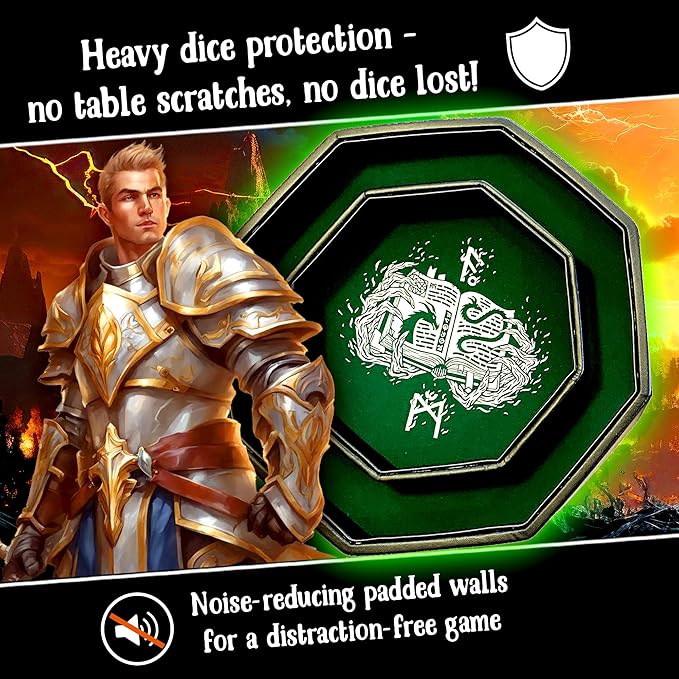 Green Fire Dragon Dice Tray with Wizard Book Print – 9" Octagon with Dice Staging Area, Holds 5 Dice Sets – Ideal for Tabletop RPGs and Board Games
