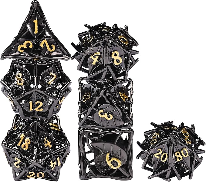 AUSTOR Metal DND Dice Set 7 Pieces Leaf DND Dice Hollow Polyhedral Dice D20 D12 D10 D% D8 D6 D4 Metal Dice with Metal Box for Dungeons & Dragons RPG Board Games(Black & Gold)