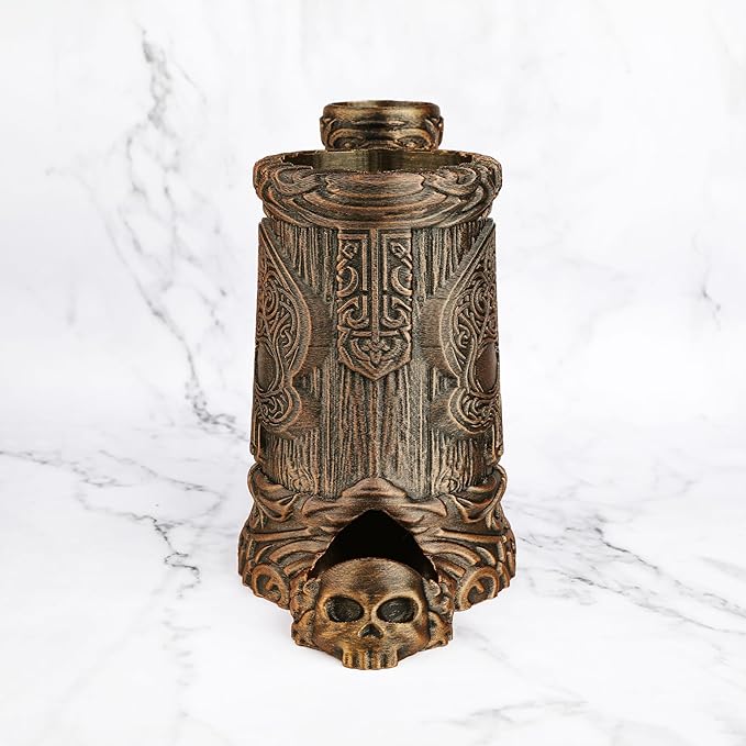 DND Dice Tower – Hand-Painted Dice Rolling Tower for Tabletop RPGs – Gothic Dice Storage, Pen Organizer, and Beverage Holder Perfect for Dungeons & Dragons TTRPG Games (RF286C Skull Cup Bronze)