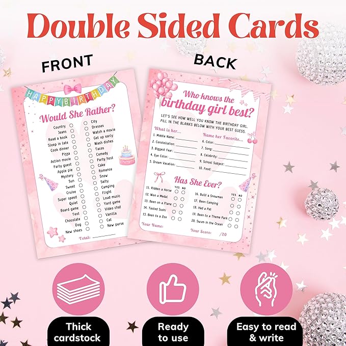 Who Knows The Birthday Girl Best Game - 50 Pcs Teen Girl Birthday Party Games, Would She Rather Preppy Sleepover Party Supplies For Girls, Fun Birthday Activities For Teens Party Decorations
