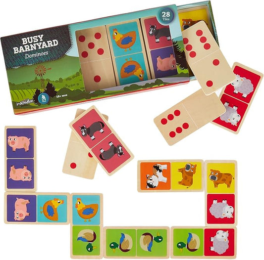 Imagination Generation Busy Barnyard Wooden Dominoes - Reversible! Classic and Matching Games (28pcs)