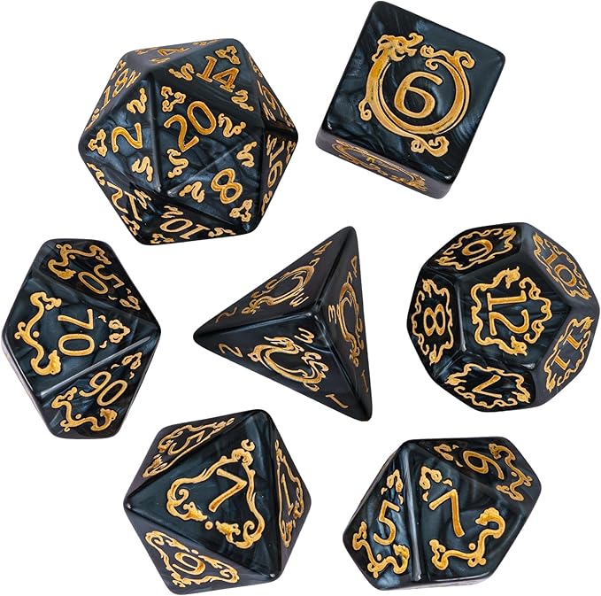 7-Die DND Dice Set Dragon Pattern Polyhedral Dice Set with Leather Bag D&D Dice Set for Dungeons and Dragons RPG MTG Table Games (Black W/Gold Dragon Pattern)