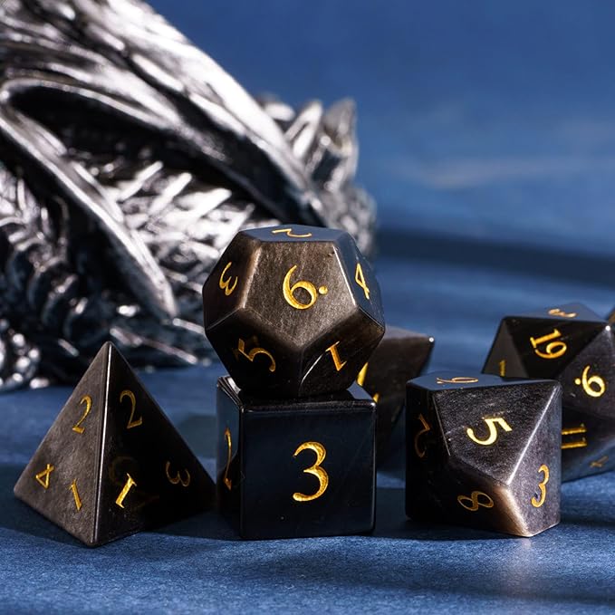 UDIXI Gemstone Dice Set D&D RPG Silver Sheen Obsidian Dice with Gift Case for Dungeons and Dragons Role Palying Games and Tabletop Game