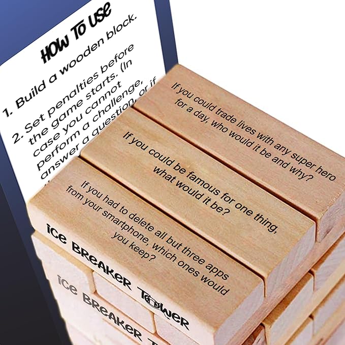 Ice Breaker Tower Questions Tumbling Tower Game - For Everyone - 54 Fun Conversation Starters - Great Family Games For Kids And Adults - Coworkers, Friends, Date Night & Relationship Game Night Fun