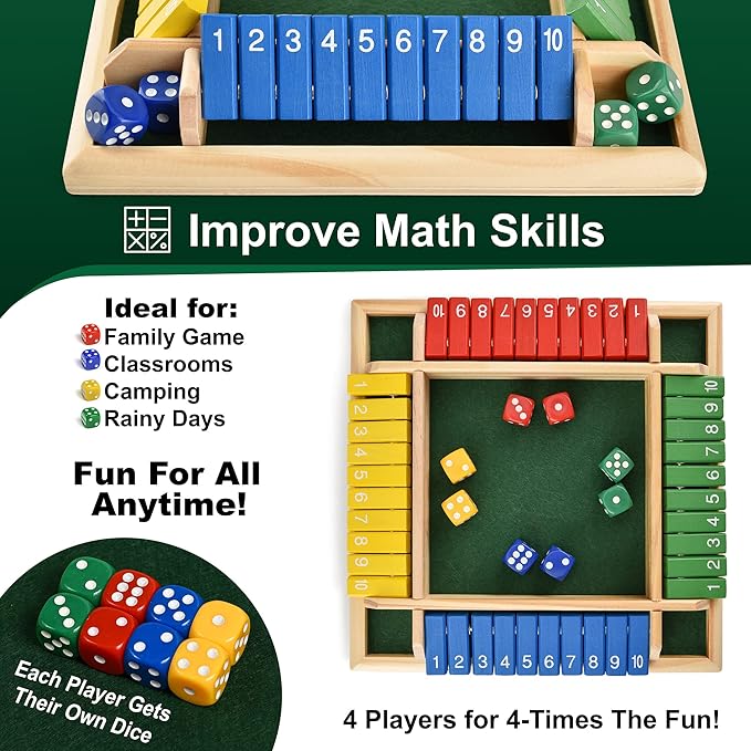 Wooden Shut the Box – Indoor Dice Game – Ideal for 2-4 Players – Great Family Game – Colorful Design - Comfortable Felt – Smart Math Game for Kids – Fun Learning Board Game - Nice Gift Packaging