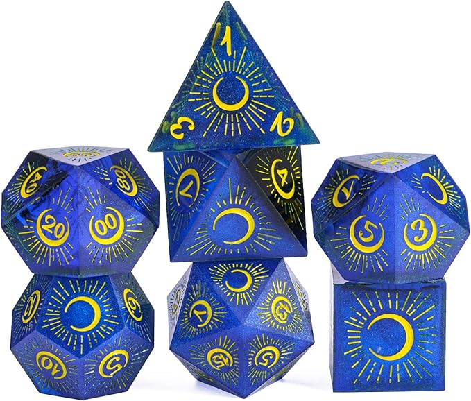 Cusdie Sharp Edges DND Dice, 7 PCs Moon Dice Set D&D Dice, Handcrafted Polyhedral Dice Set, for Role Playing Game Pathfinder(Moon/Blue Black)