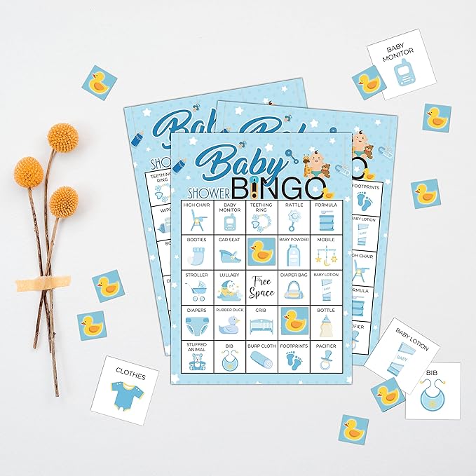 5"x7" Blue Baby Shower Bingo Cards (24 Kinds), Baby Shower Party Favors for Adult, Road Trip Activities, Travel Bingo, Family Outdoor Party Activity -004
