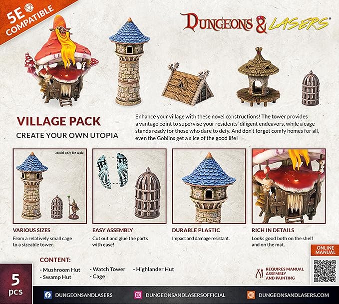 Dungeons & Lasers: Village Pack Expansion Set - 5 Piece Terrain Pack - RPG Terrain for DND and 5E Compatible Tabletop Games - Unpainted and Unassembled - Ages 14+