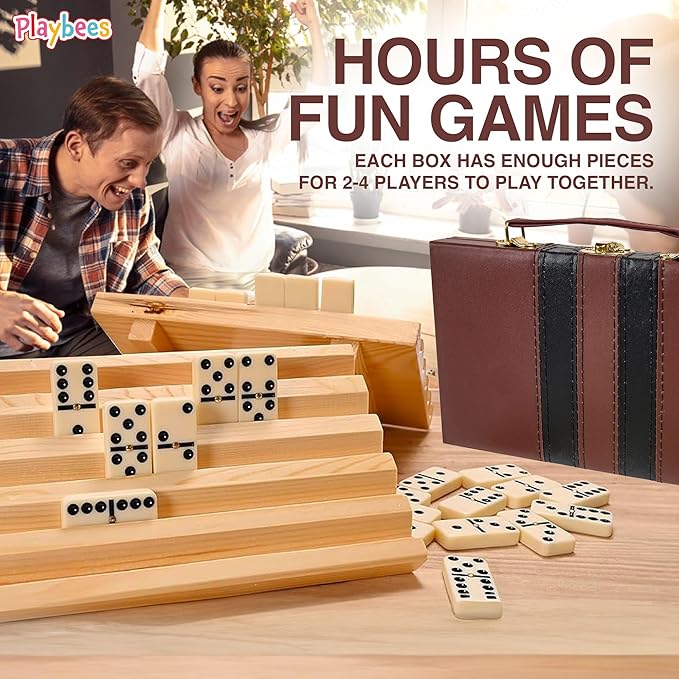 Dominos Set for Adults and Kids, Large Jumbo Double Six Dominoes Set with Spinner, Extra Thick Ivory Big Dominoes in Wooden Case, Family Game