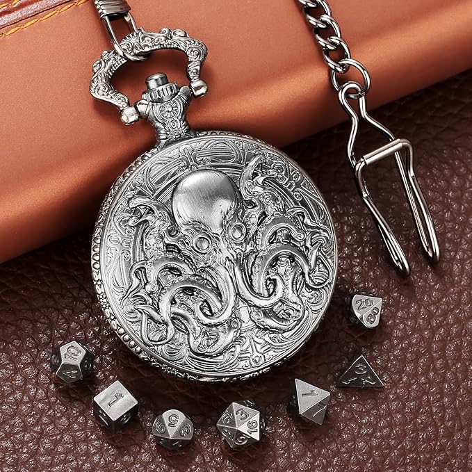 Mini DND Dice Set with Steampunk Double Eyed Octopus Pocket Watch Case, Tiny 7PCS Polyhedral Metal D&D Dice, DND Gifts with Gift Box, Role Playing Game Board Game Accessories Dice, Dark Silver