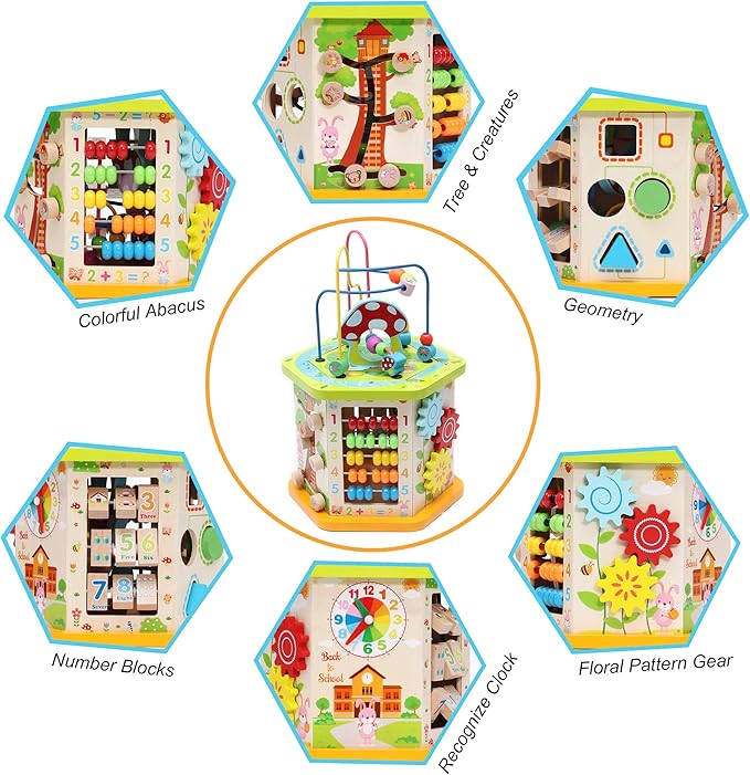 LAVIEVERT 9-in-1 Wooden Play Cube Activity Center Multifunctional Bead Maze Shape Sorter Educational Toys Game for Toddlers & Kids
