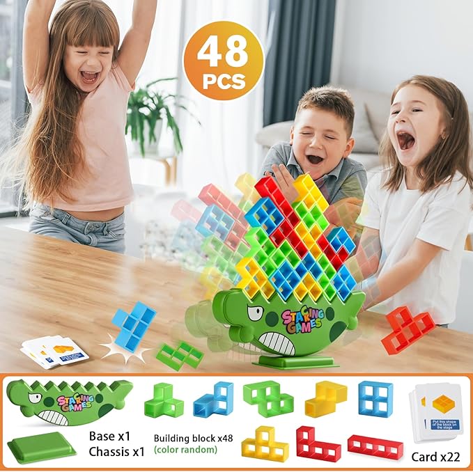 Stacking Balance Game for Kids & Adults - 3D Colorful Dinosaur Blocks 48PCS, Fine Motor Skill Development Toy, Retro Block Puzzle-Inspired Board Game, Gift for Ages 3+