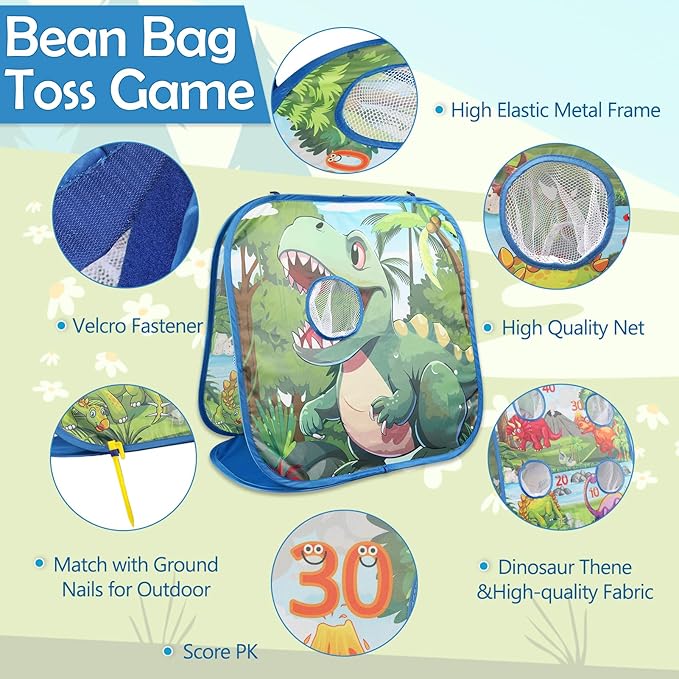 Dinosaur Bean Bag Toss Game for Kids with Carry Bag, 2-in-1 Foldable Toddler Cornhole Board Backyard Beach Lawn Outside Toys, Outdoor Yard Party Activities Toy Gifts for Boys Girls Age 3 4 5 6 7 8
