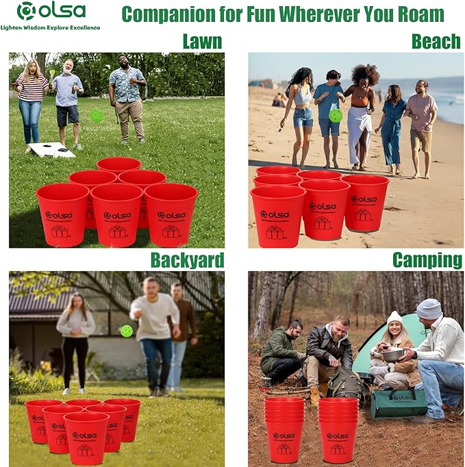 Olsa Giant Pong Yard Games, Yard Pong Outdoor Games for Adults and Family, Toss Backyard Lawn Games with 12 Buckets, Balls, Strength Carrying Bag for Beach Camping Backyard Party(Red)