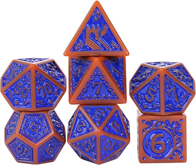 7-Die DND Dice Set New Pattern Polyhedral Dice Set with Leather Bag D&D Dice Set for Dungeons and Dragons RPG MTG Table Games(Brown Blue)