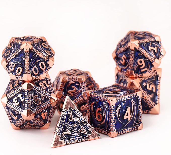 DND Dice Metal Dragon Set,Unique Dragon Design Dice with Gift Dice Bag for Dungeons & Dragon Games,Magic The Gathering,D and D D&D Dice Set (Copper Blue)