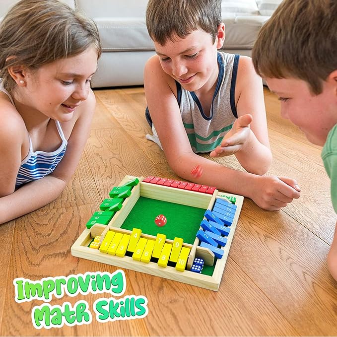Shut The Box Game, Shut The Box Game Wooden, 2-4 Player Family Wooden Board Table Math Games for Adults and Kids, Board Games, Family Games, 8 Dices Classics Tabletop Games for Classroom, Home, Party