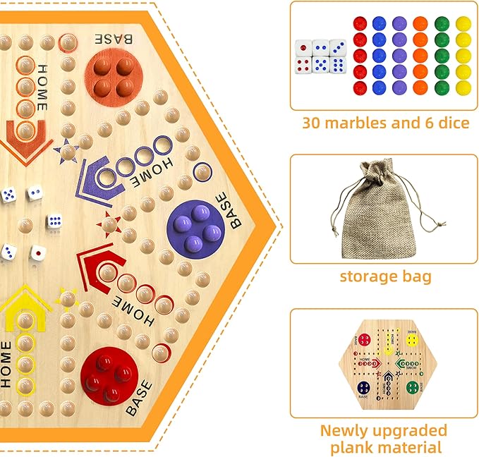 Wooden Board Game, Board Game Original Marble Game Double Sided Painted 2 to 6 Player Fast Track Wooden with 6 Colors 24 Marbles 6 Dice for Adults Kids Family(24 INCH)